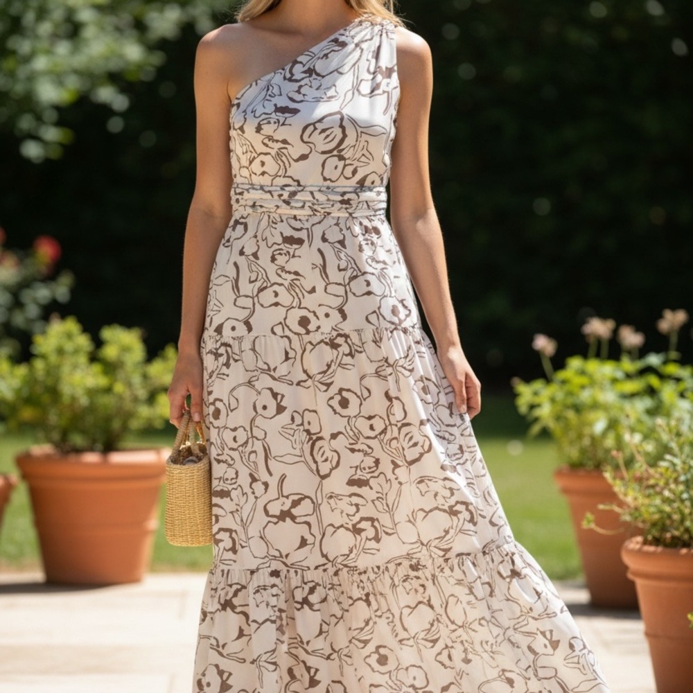 Entro One-Shoulder Floral Maxi Dress in Cream and Brown
